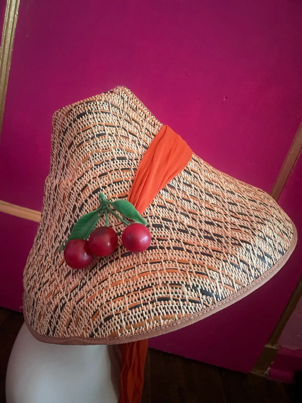 Vintage 1950’s Straw Sun Hat with Orange chiffon ribbon and Cherry Accent